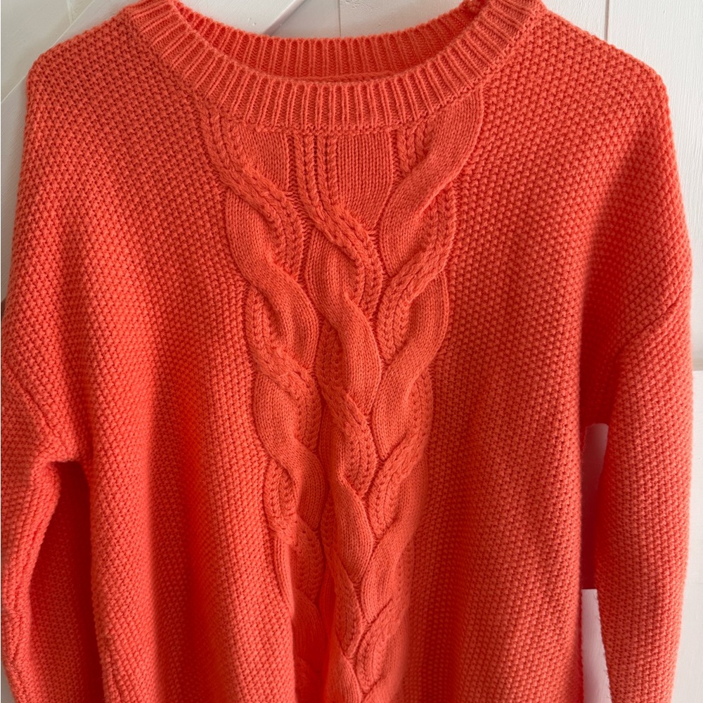 St. John's Bay Women’s Vibrant Coral Cable Knit Crewneck Sweater Large Fisherman